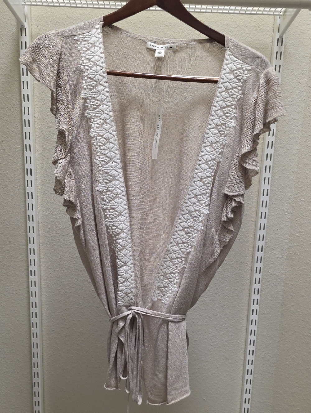 Banana Republic Beige 55% Linen Embr. Knit Ruffle Tie-Front Cover Blouse/sweater